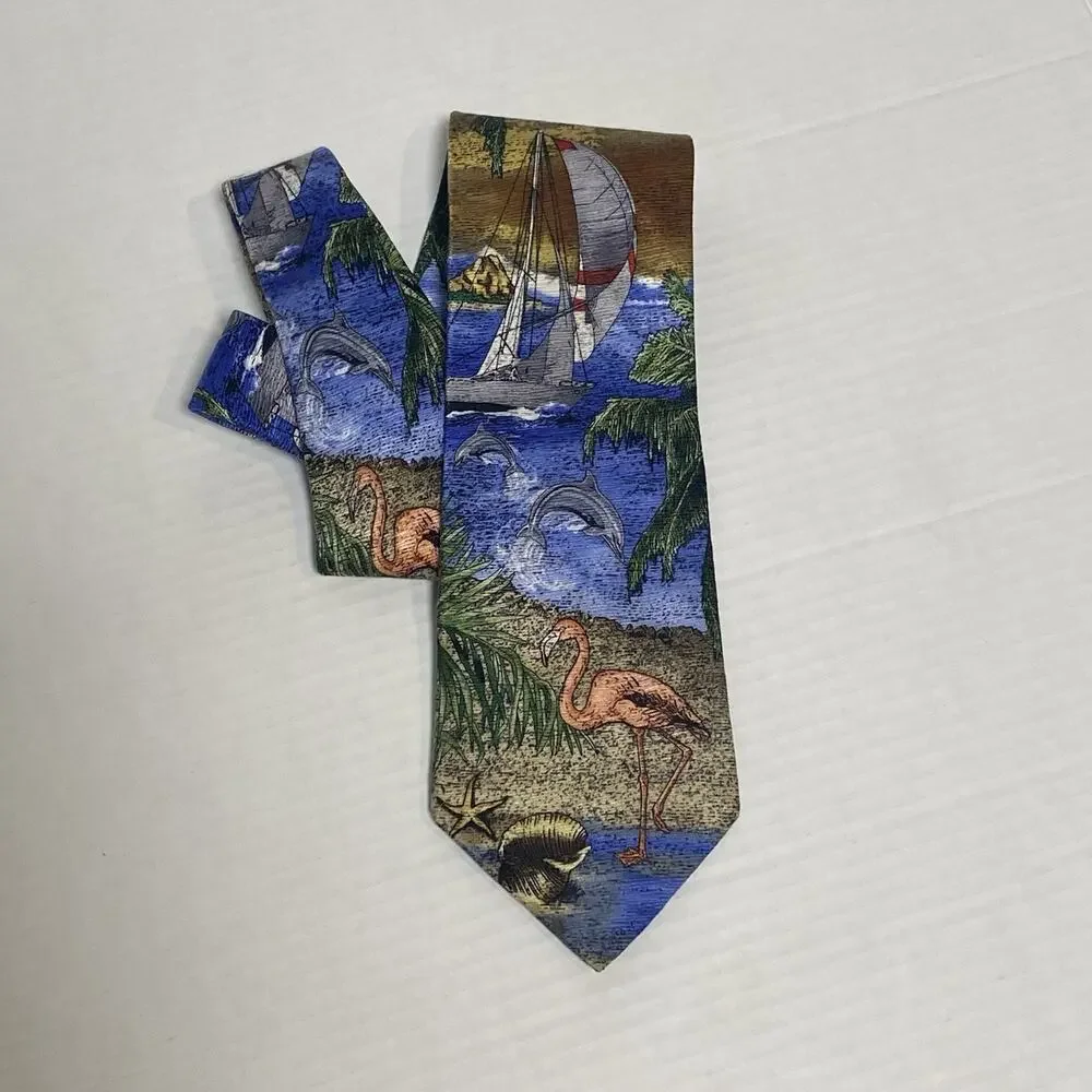Tropicals by Tango Mens Silk Tie Flamingo Dolphins Sailboat Beach Resort Novelty